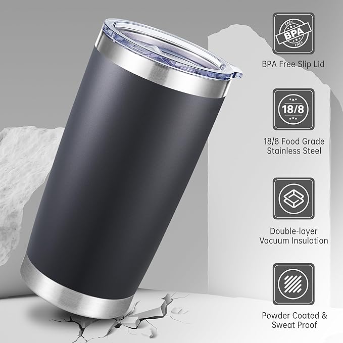 20 oz Tumbler Stainless Steel Tumblers with Lid Double Wall Vacuum Insulated Coffee Mug 20oz Powder Coated Cup for Hot and Cold Drinks, Black, 1 pack - Bloomnest