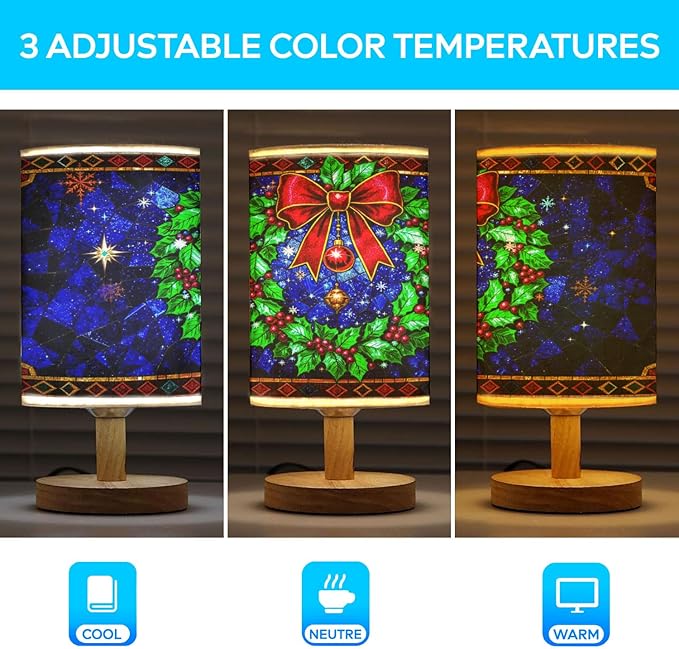 Christmas Wreath Table Lamp LED 3-Color Pressed Bedside for Merry Christmas, Christmas Wreath Shade Christmas Table Lamp with Wood Base for Bedroom Living Room Desk Office - Bloomnest