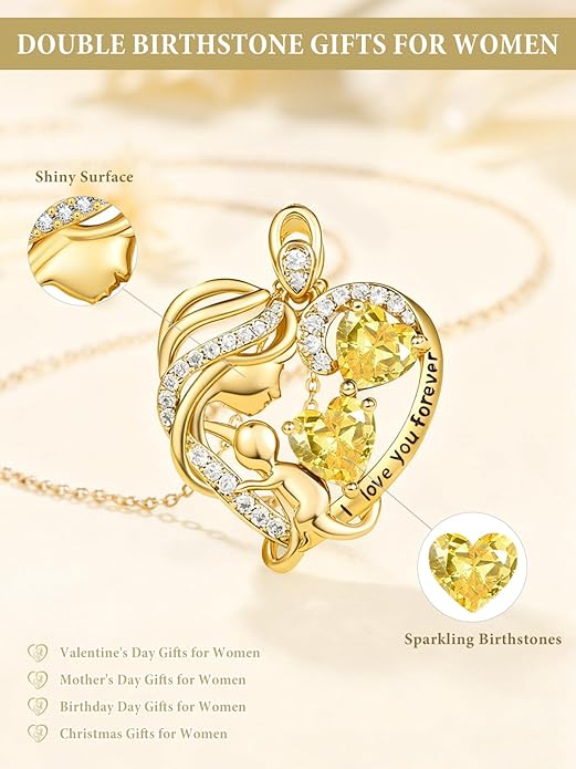 14K Gold Double Birthstone Heart Necklace for Women Mom, Mother Son/Daughter Pendant Necklace for Christmas Mother's Day Birthday Gifts for Wife Daughter Grandmom - Bloomnest