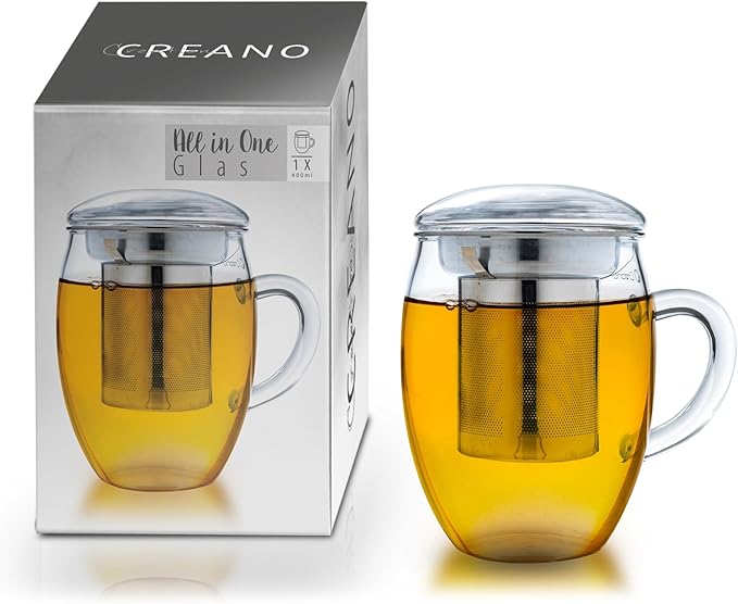 Creano Tea Glass with Stainless Steel Infuser and Glass Lid - 14oz (400ml) - Bloomnest