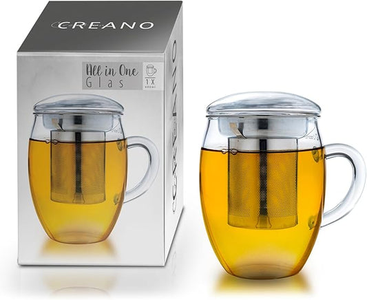 Creano Tea Glass with Stainless Steel Infuser and Glass Lid - 14oz (400ml) - Bloomnest