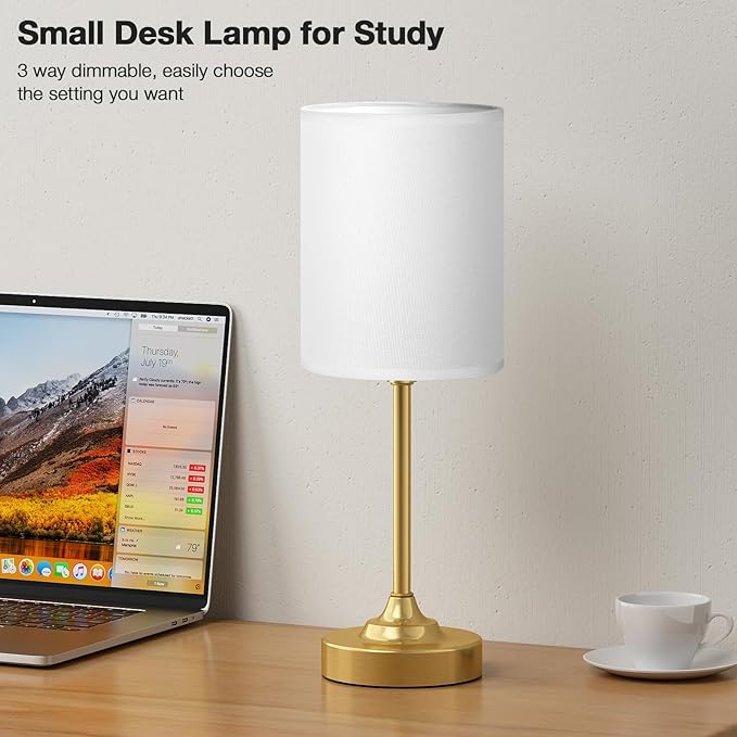 Fenmzee Gold Nightstand Bedroom Lamp - 3 Way Dimmable Bedside Lamp, Small Table Lamp Linen Lampshade for Office Desk, LED Bulb Included - Bloomnest