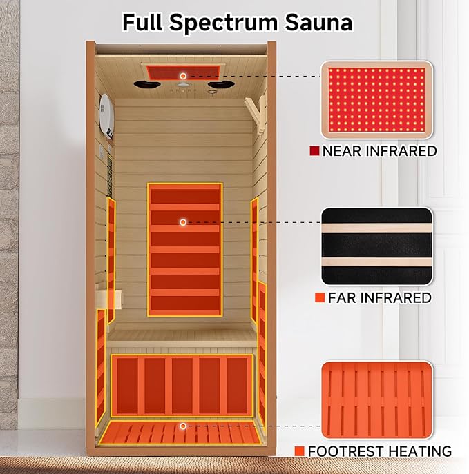 springspa Infrared Sauna for Home, 1 Person Home Sauna with Red Light Therapy, Canadian Hemlock Wooden Dry Saunas Room with Bluetooth Speakers, 1178 W/120V, 15 Minutes Pre-Warm up springspa