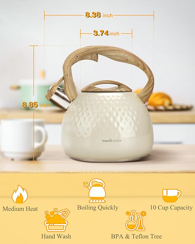 Tea Kettle Stovetop Teapot, 2.5 Quart Loud Whistle Food Grade Stainless Steel and Smooth Wood Pattern Handle, Sophisticated Look for Hiking, Picnic, for Tea, Coffee Milky White - Bloomnest