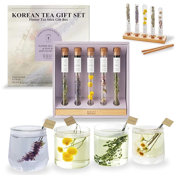 KKOKDAM Fancy Korean Tea Gift Set – Premium Flower Tea Stick Variety Pack with Tray - 5 Loose Leaf Blooming Flower Teas - Bloomnest