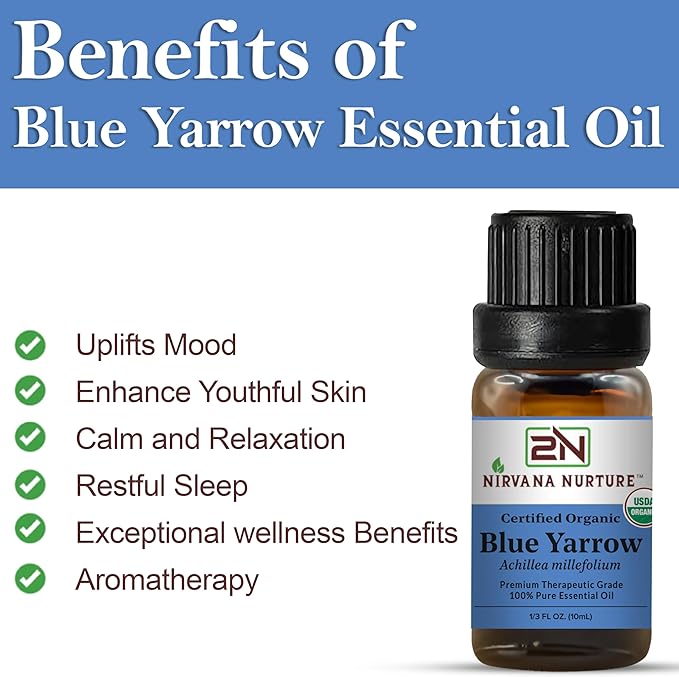 Blue Yarrow Essential Oil, USDA Certified Organic, 100% Pure Undiluted, Aromatherapy Oil for Diffuser, Hair & Skin Care NirvanaNurture