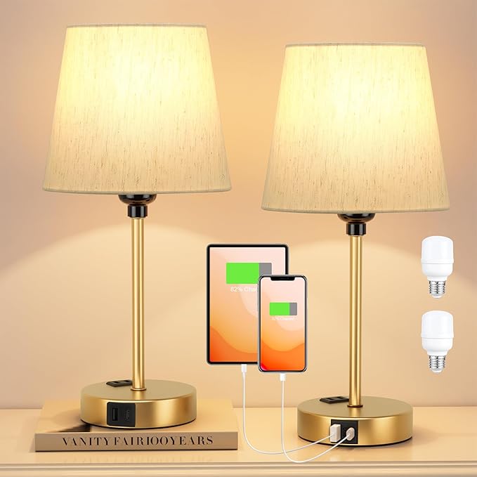 Acaxin Lamp for bedrooms Set of 2 - Nightstand Bedroom Lamp with USB C Port and AC Outlet Charging, 3 Way Dimmable Touch Control Bed Side Table Lamp, Small Night Stand Light for Kids/Guest Room - Bloomnest