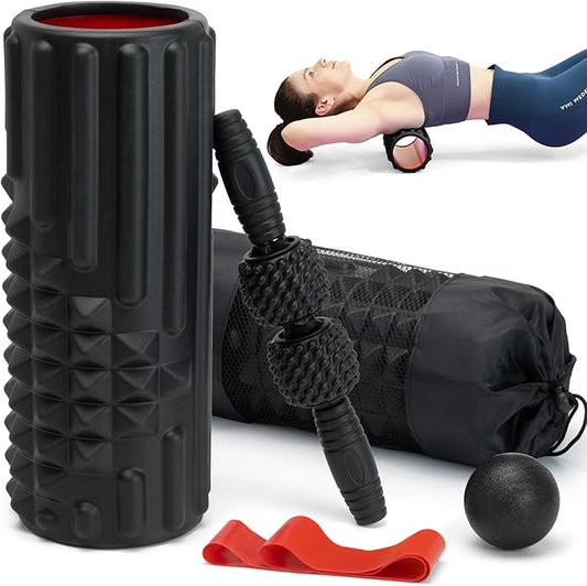 5 in 1 Foam Roller Set, High Density Fitness Exercise Foam Roller for Deep Tissue Muscle Massage, Massage Roller, Massage Ball, Resistance Band, for Whole Body(Black)