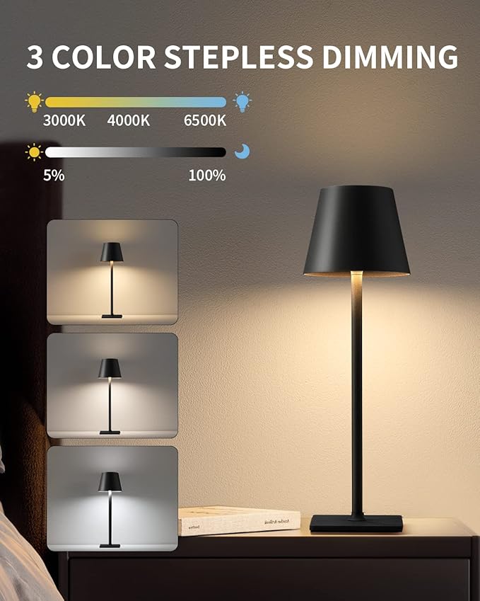 KDG Cordless Table Lamp, Portable LED Desk Lamp, 5000mAh Battery Operated, 3 Color Stepless Dimming Up, for Restaurant/Bedroom/Bars/Outdoor Party/Camping/Coffee Shop Atmosphere Night Light(Black) - Bloomnest