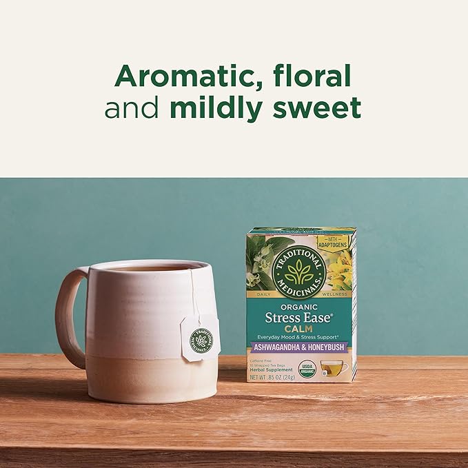 Traditional Medicinals Organic, Stress Ease Calm with Adaptogens, Ashwagandha & Honeybush - Promotes Relaxation - Kosher, Non-GMO, Caffeine-Free, Compostable - 16 Tea Bags - Bloomnest