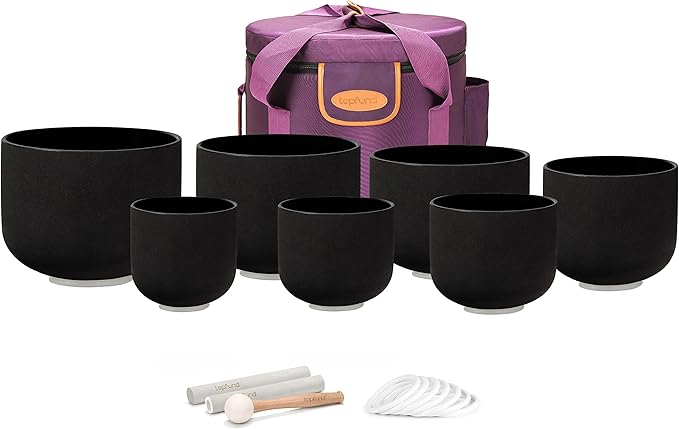 TOPFUND 6-14 inch Chakra Set of 7 Black Crystal Singing Bowls with Heavy Duty Carrying Case and Mallets - Bloomnest