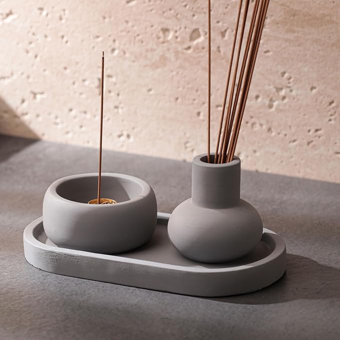 Concrete Incense Burner Set with Holder and Tray,Multifunction Incense Holder for Burning Sage,Palo Santo,Incense Sticks,Ideal for Meditation Home Decor(Grey) - Bloomnest