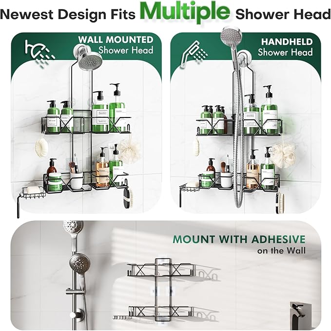 Stainless Steel Hanging Shower Caddy for Handheld Shower Heads,Adjustable Height Extra Long Bathroom Shower Organizer Hanger Rack with Hooks,Soap Holder - Bloomnest