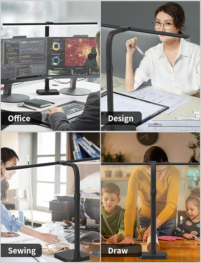 LED Desk Lamp for Home Office, Double Head 24W with Base, Architect Light 5 Lighting Brightness Flexible Gooseneck Table Reading Study, Black - Bloomnest
