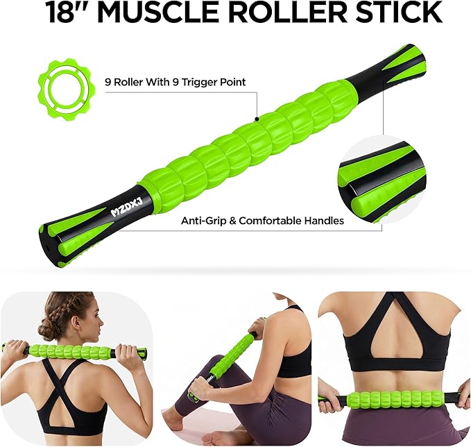 Muscle Roller & Massage Roller Stick for Athletes - Lymphatic Drainage Support, Relieves Muscle Soreness, Cramping & Tightness - Targets Legs, Arms, Back & Calves （Green - 18inch） - Bloomnest