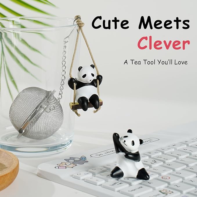 Calico Cat Tea Infuser Set - Adorable Tricolor Kitty Hook, Fine Mesh Loose Leaf Tea Steeper, Stainless Steel, No Mess, 1 Pack (Panda Swinging on Your Teacup)