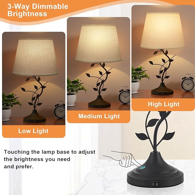 Kakanuo USB Touch Table Lamp Bedside Lamp with USB C Charging Ports for Living Room, White 3 Way Dimmable Traditional Nightstand Lamp Retro Table Lamp for Bedroom and Office (LED Bulb Included) - Bloomnest
