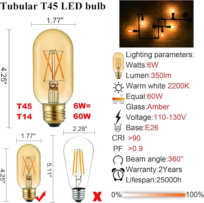 LiteHistory E26 LED Bulb 6W Equivalent E26 Bulb 60 watt Warm White 2200K Amber E26 Edison Bulb dimmable AC120V 400lm Tubular T14 T45 LED Bulb for Pendant, Sputnik,Vanity,Wall sconces Pack of 6 - Bloomnest