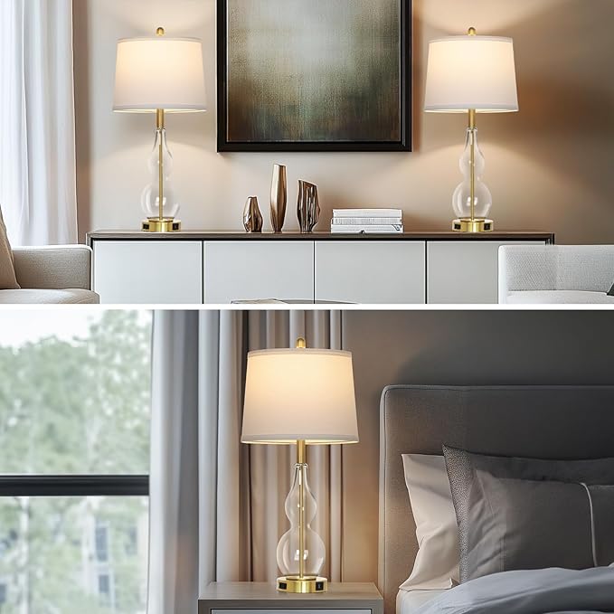 27.5" Clear Glass Table Lamp Set of 2,3-Way Dimmable Touch Control Bedside Lamps with USB Ports and AC Outlet, Modern Nightstand Lamps Gold lamp for Bedroom Living Room - Bloomnest