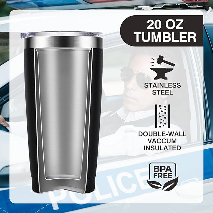 Thin Blue Line Police Officer Gifts - Cops Officer Valentine's Day Gift Coffee Cup - 20oz Stainless Steel Double Wall Insulated Tumbler, Black - Bloomnest