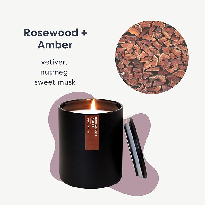 Calyan Wax Co. Rosewood & Amber Scented Candle - 75 Hour Burn - Luxury Non Toxic Soy Wax Candles - Long Lasting Black Tumbler Jar Candle for Home - 10.2oz - Bloomnest