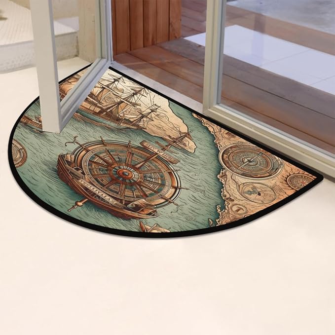Half Round Door Mat, Compass Sailboat Non-Slip Half Circle Area Rug Nautical Compass Doormat Washable Durable Home Decor Half Moon Rug for Floor Indoor Outdoor Living Room Bedroom Kitchen Patio - Bloomnest