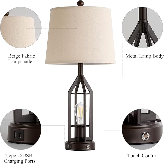 28" Living Room Lamps Set of 2, Farmhouse Table Lamps for Bedroom with USB A+C Ports, Touch Lamps for Nightstand End Tables, 4 Bulbs Included - Bloomnest