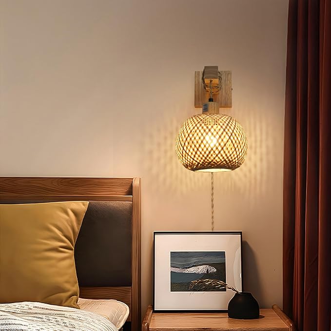 Bamboo Plug in Wall Sconces Set of Two, Hand Woven Boho Wall Lamp Plug in Cord Wall Sconces for Bedroom Living Room Farmhouse - Bloomnest