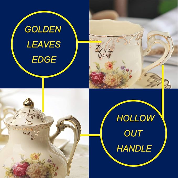 YOLIFE Porcelain Tea Set, Vintage Flowering Shrubs Teapot and Cups Set for Tea Party, Birthday Gifts for Mom Adults Women Wedding - Bloomnest