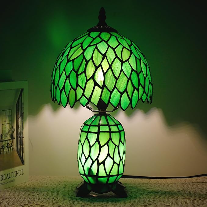 Small Tiffany Lamp Stained Glass Table Lamp Mini Mother Daughter Vase Desk Accent Night Light for Bedroom Bedside Reading Home Antique Style 8X14 Inches (Green Wisteria) - Bloomnest