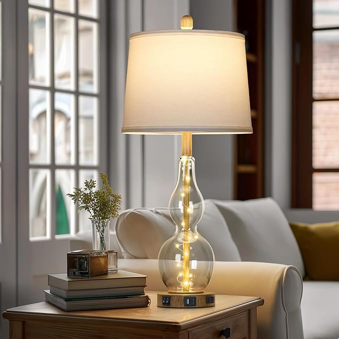 27.5" Clear Glass Table Lamp Set of 2 with Night Light,Bedside Lamps with USB Ports and AC Outlet, Modern Nightstand Lamps Retro Farmhouse lamp for Bedroom Living Room - Bloomnest