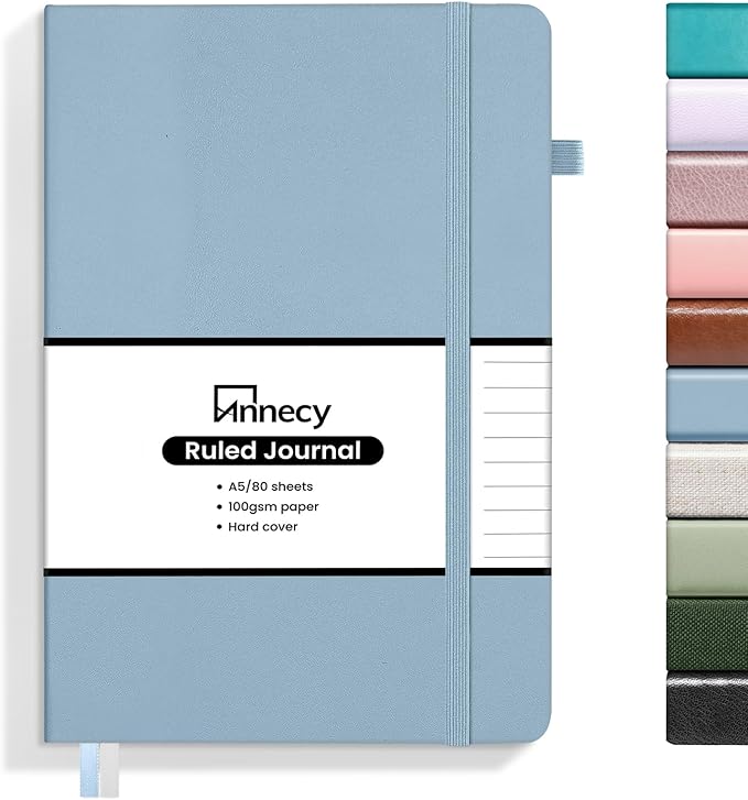 Annecy Lined Journal Notebook, Hardcover Leather Journal for Women & Men, 160 Numbered Pages, Medium 5.5" x 8.25", 100 GSM Thick Paper, Haze Blue - Bloomnest