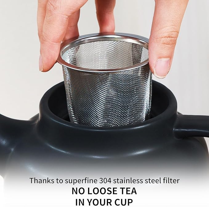 Yundu 1500ml / 50 oz Ceramic Teapot with Infuser & Wood Lid - Matte Black, Loose Leaf Tea Pot with Removable Strainer, Large Capacity - Bloomnest