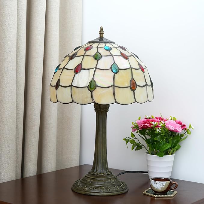 Tiffany Lamp Stained Glass lamp 12 inches Bedside Table Lamps for Living Room Bedroom Dorm Kitchen Home Decor Festival Birthday Gift,Colorful Beads - Bloomnest