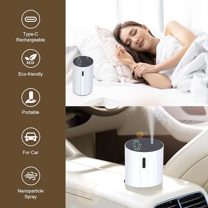 Waterless Essential Oil Diffuser Aromatherapy Scent Diffusers for Home Large Room, Bedroom, Car, Office, Desk, Battery Operated Mini Portable Air Freshener (White-2) - Bloomnest