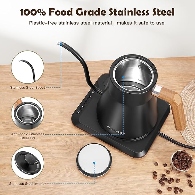 ECORELAX Gooseneck Electric Kettle, ±1℉ Temperature Control Pour Over Kettle for Coffee, Tea & Water, Stainless Steel 1200 W Keep Warm OLED Display 1 L (Black) - Bloomnest