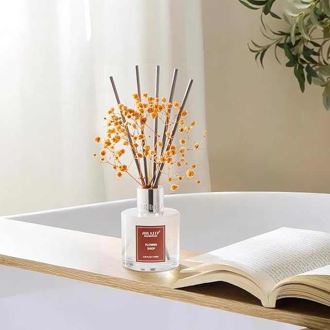Airkeep Reed Diffuser Set,3.38 fl oz (100 ml) - Flower Shop Oil Diffusers with 8 Reed Sticks, Home Fragrance Reed Diffuser for Bathroom Shelf Decor - Bloomnest