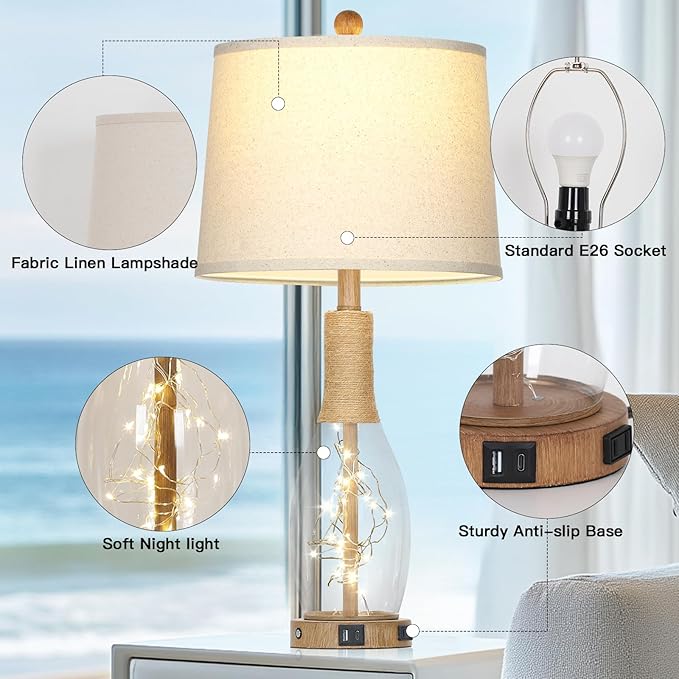 28" Boho Glass Table Lamps Set of 2, Touch Control Bedside Lamps with 2 USB Ports and Outlet, Rattan Lamp with Night Light for Nightstand Living Room Bedroom, 2 LED Bulbs Included, Wood - Bloomnest