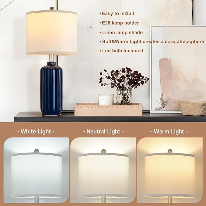 Lamp for Living Room Bedroom Lamps Farmhouse Table Lamps Set of 2 Vertical Stripe Ceramic Table Lamp,Linen Shade with Bulb, 25 in High,Navy Blue - Bloomnest