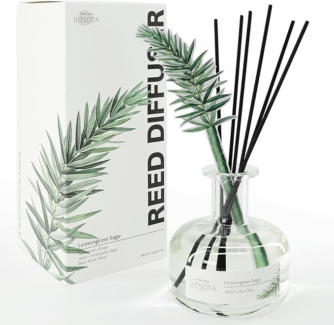 Reed Diffuser Set, 9.85 oz Lemongrass Sage Scented Diffuser with Decorative Card Home Fragrance Reed Diffuser for Bathroom Shelf Decor, Ideal Gift for Woman