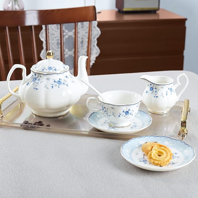 fanquare 15 Piece Blue Rose Porcelain Tea Set, British Floral Teapot with Tea Cups, Women Tea Party Set for 6 - Bloomnest