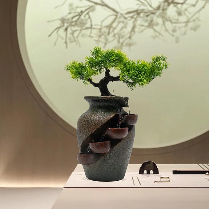 8.7inch Vase Type Artificial Bonsai Tree Fake Plant Mini Tabletop Waterfall Fountain with Water Flow, Indoor Desktop Decoration for Office Restaurant Coffee Home Decor or Festival Birthday Surprise - Bloomnest