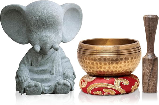 Tibetan Singing Bowl Set – Handcrafted Meditation Bowl from Nepal with Cushion, Wooden Striker & Elephant Figurine –Authentic Nepal Sound Meditation Bowl Small Chakra Sound Healing Gift Bloomnest