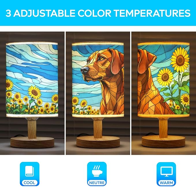 Vizsla Table Lamp LED 3-Color Pressed Bedside, Dog Shade Lamp with Wood Base for Bedroom Living Room Desk Office - Bloomnest
