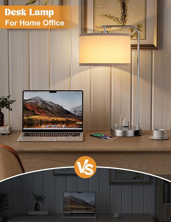 Gray Side Table Lamp with USB Port and Outlet, Dimmable Nightstand Bedside Lamps with Linen Lampshade, Desk Lamp for Bedroom, Living Room, Guest Room, Home Office, LED Bulb Included - Bloomnest
