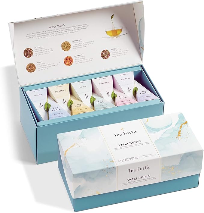 Tea Forte Wellbeing Assorted Presentation Box Tea Gift Set, 20 Count, 2 of Each Variety Individually Wrapped Handcrafted Pyramid Infuser Bags - Bloomnest