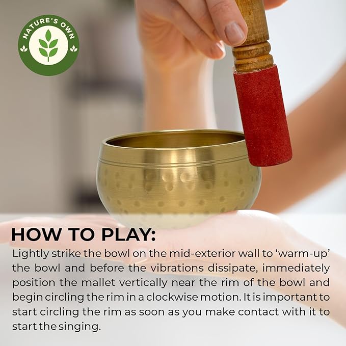 Nature's Own Tibetan Singing Bowl Set Easy to Play Meditation Sound Bowl Handcrafted in Nepal for Yoga, Mindfulness, Chakra Healing, Stress Relief Spiritual Gifts for Women & Men (5.5 Inch, Hammered) - Bloomnest