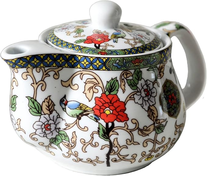 Small Porcelain Teapot, 9oz Tea Pot with Stainless Steel Filter Colorful Chinese Flower Birds (Flowers and birds)