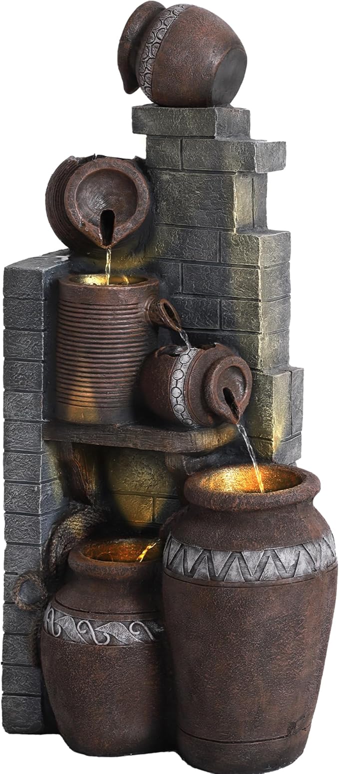 6-Tiers Garden Waterfall Fountain Outdoor - 40''H Water Fountains and Waterfalls, Large Outdoor/Indoor Floor Standing Resin Water Fountain with LED Light for Patio, Garden and Home (Grey) - Bloomnest