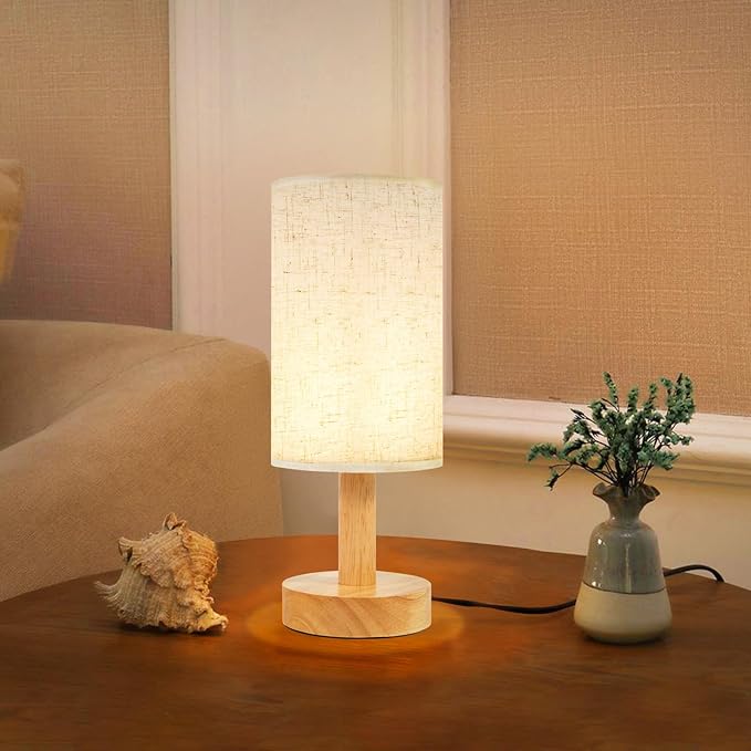 Small Bedside Table Lamp for Bedroom,Natural Round Wood Base&Fabric Linen Shade,Cozy Night Table Light for Study Reading,Minimalist Boho Desk Lamp for Nightstand,Living Room,Nursery,Kitchen,Dorm - Bloomnest